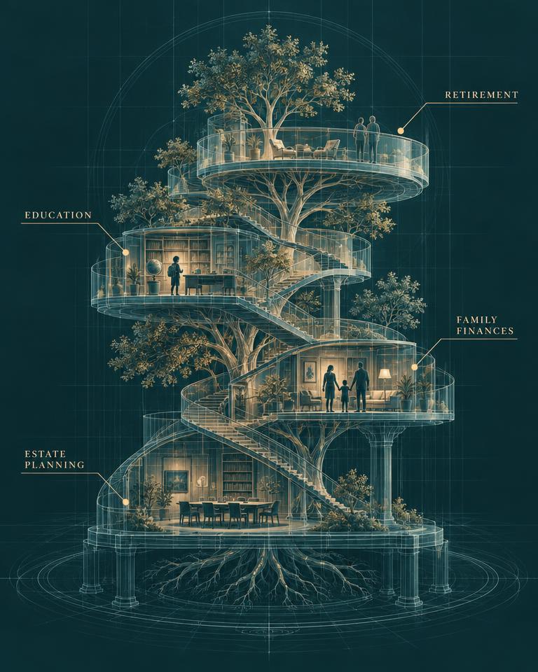 X-ray illustration of life stages for retirement, education, family finances and estate planning