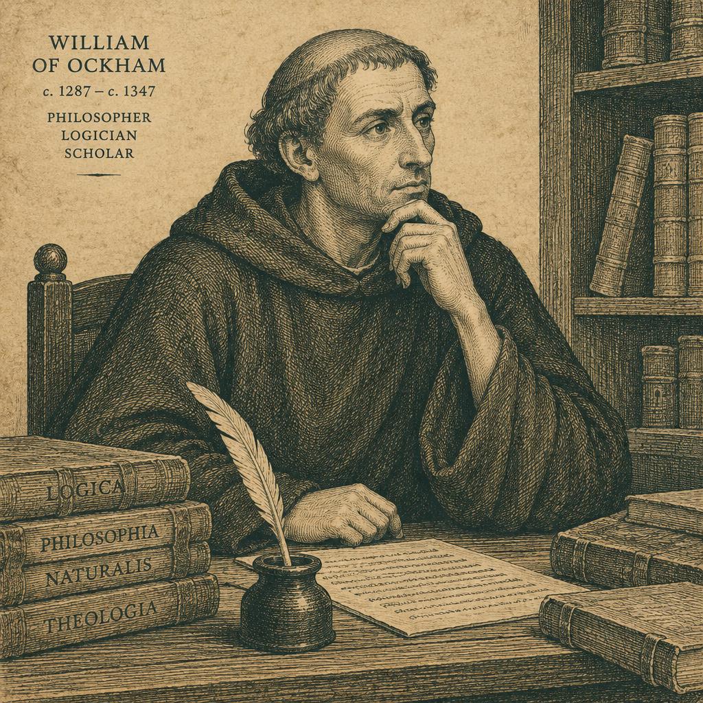 Engraved portrait of William of Ockham set against an aged manuscript
